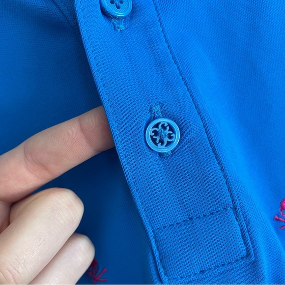 G/FORE Embroidered Piqué Golf Polo Shirt Blue Neon Pink Skull Striped Collar L - Picture 10 of 14